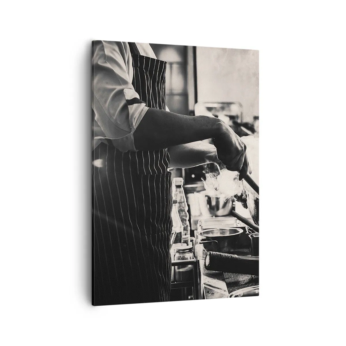 Impression sur toile - Image sur toile - Un chef au travail dans la cuisine avec de la vapeur s'élevant d'une poêle à frire - 50x70cm - Alchimie des saveurs - Décoration murale moderne pour le salon et la chambre ARTTOR