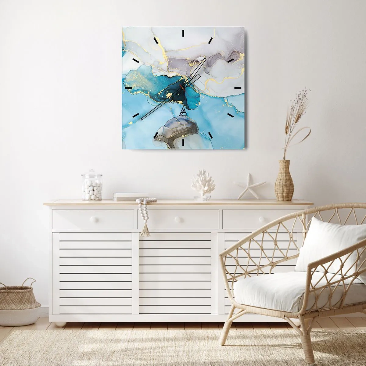 Horloge murale - Pendule murale - Abstraction dans les tons de bleu et d'or avec des lignes subtiles - 30x30cm - Etude de la rencontre gris et turquoise - Décoration murale moderne pour le salon et la chambre ARTTOR