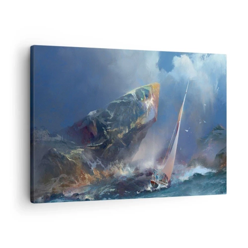 Impression sur toile - Image sur toile - Un voilier dans une tempête au pied d'un rocher massif - 70x50cm - Celui qui est courageux, gagne - Décoration murale moderne pour le salon et la chambre ARTTOR