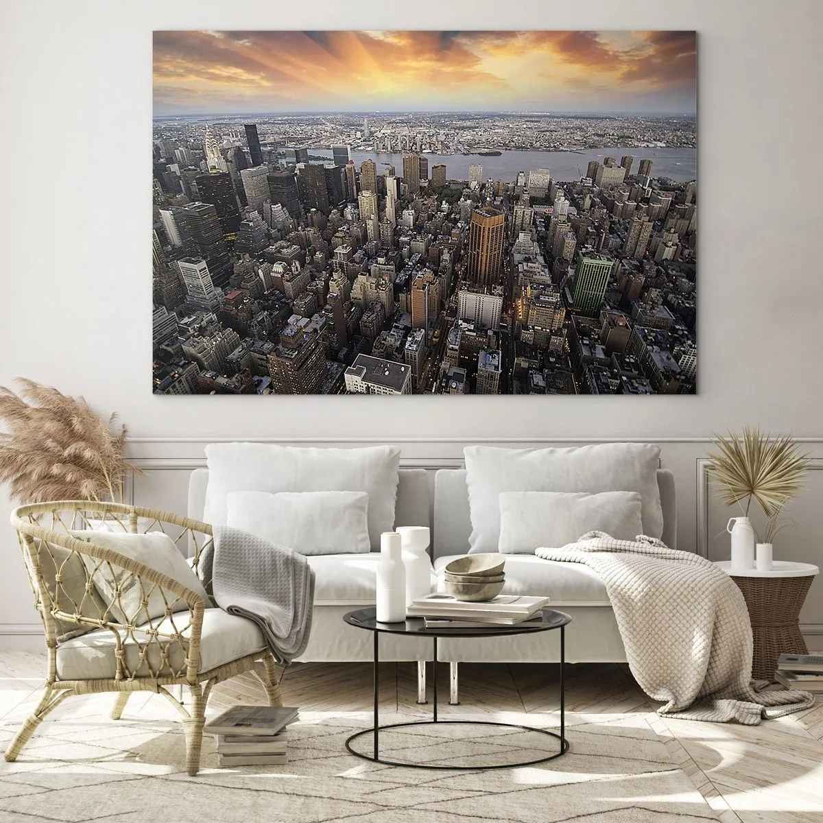 Impression sur verre - Image sur verre - Panorama de la ville avec vue sur les gratte-ciels au coucher du soleil - 120x80cm - Le cœur battant de notre époque - Décoration murale moderne pour le salon et la chambre ARTTOR
