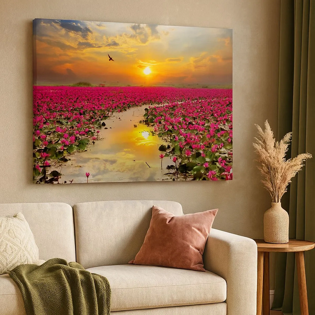 Impression sur toile - Image sur toile - Un champ de nénuphars roses au coucher du soleil - 70x50cm - La vie secrète du lac - Décoration murale moderne pour le salon et la chambre ARTTOR