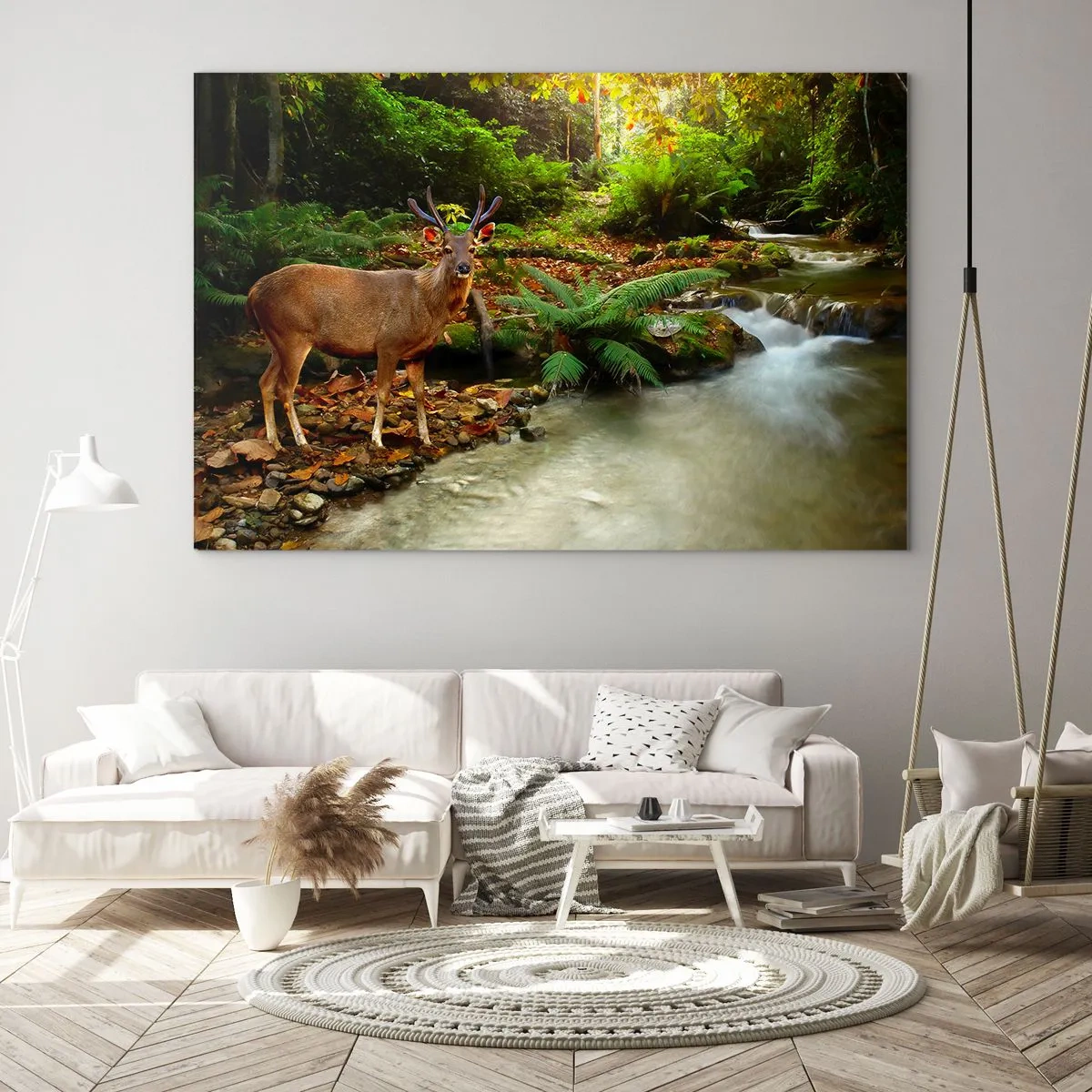 Impression sur verre - Image sur verre - Un cerf près d'un ruisseau dans une forêt ensoleillée - 70x50cm - Bienvenue dans mon monde - Décoration murale moderne pour le salon et la chambre ARTTOR