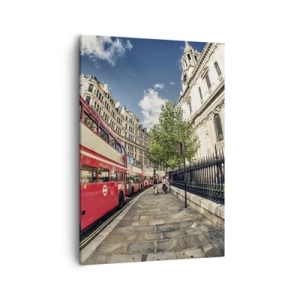 Impression sur toile - Image sur toile - Bus rouge à impériale à Londres près de la rue et de la cathédrale - 50x70cm - Rue de Londres en gris et rouge - Décoration murale moderne pour le salon et la chambre ARTTOR
