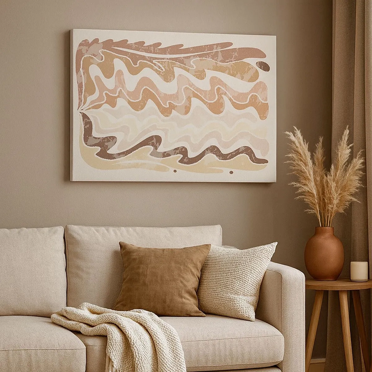 Impression sur toile - Image sur toile - Lignes abstraites ondulées dans des tons beiges - 70x50cm - Bonne énergie – bonnes émotions - Décoration murale moderne pour le salon et la chambre ARTTOR