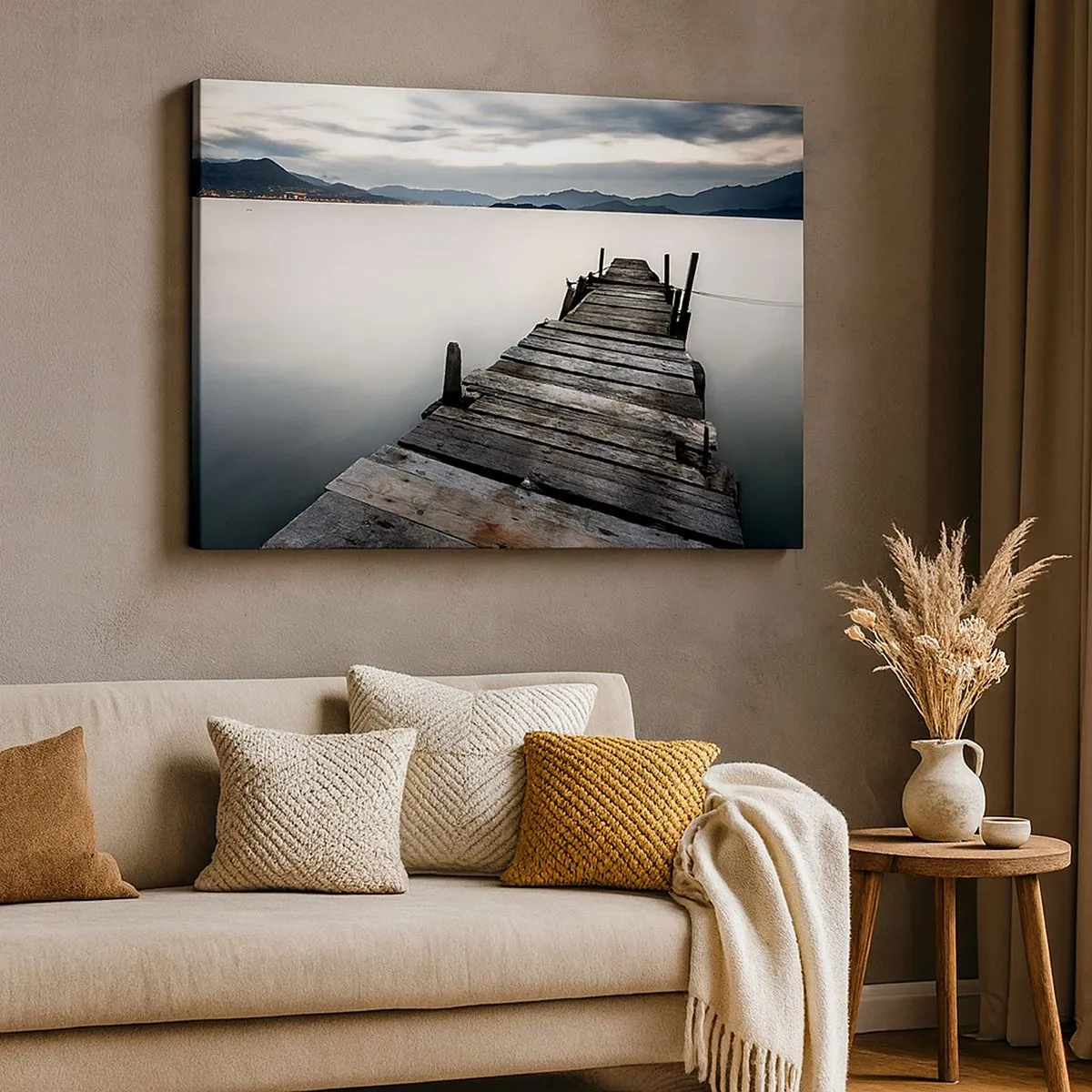 Impression sur toile - Image sur toile - Un pont en bois menant vers un lac tranquille - 70x50cm - Immergez-vous dans la paix - Décoration murale moderne pour le salon et la chambre ARTTOR