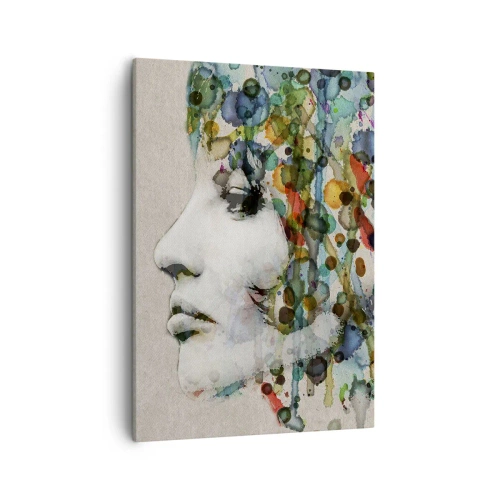 Impression sur toile - Image sur toile - Profil d'une femme aux couleurs aquarelles avec un fond abstrait - 50x70cm - Elle est sortie de la grisaille - Décoration murale moderne pour le salon et la chambre ARTTOR