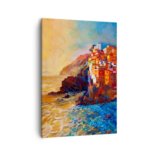 Impression sur toile - Image sur toile - Maisons colorées sur une falaise au-dessus de la mer - 50x70cm - Climats italien - Décoration murale moderne pour le salon et la chambre ARTTOR