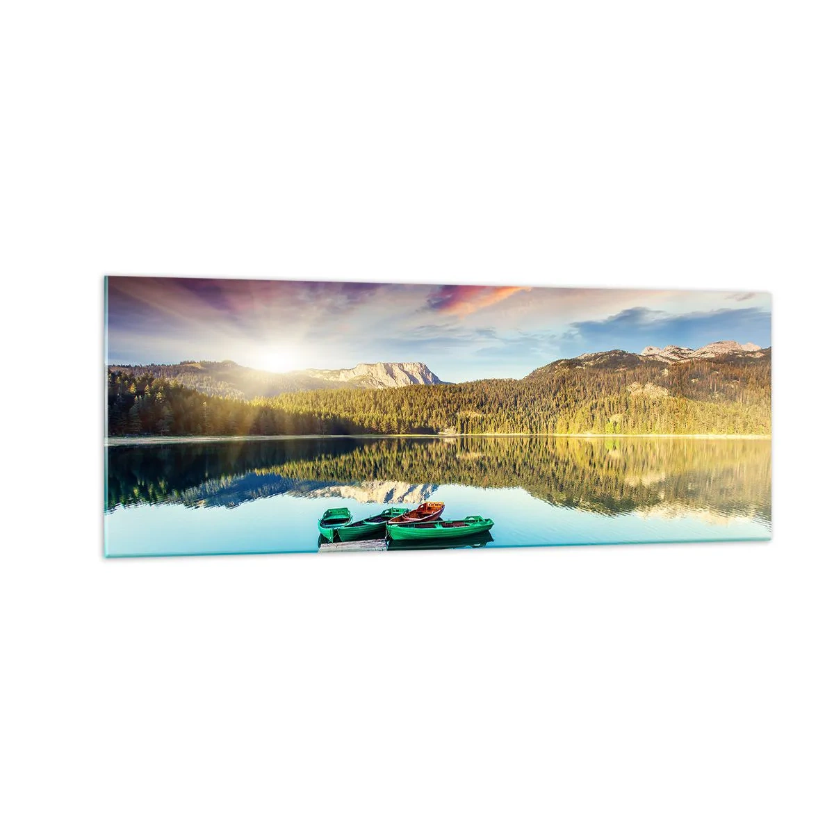 Impression sur verre - Image sur verre - Coucher de soleil sur le lac avec des bateaux à l'embarcadère - 140x50cm - Aussi lisse qu'un miroir au-dessus de l'eau - Décoration murale moderne pour le salon et la chambre ARTTOR