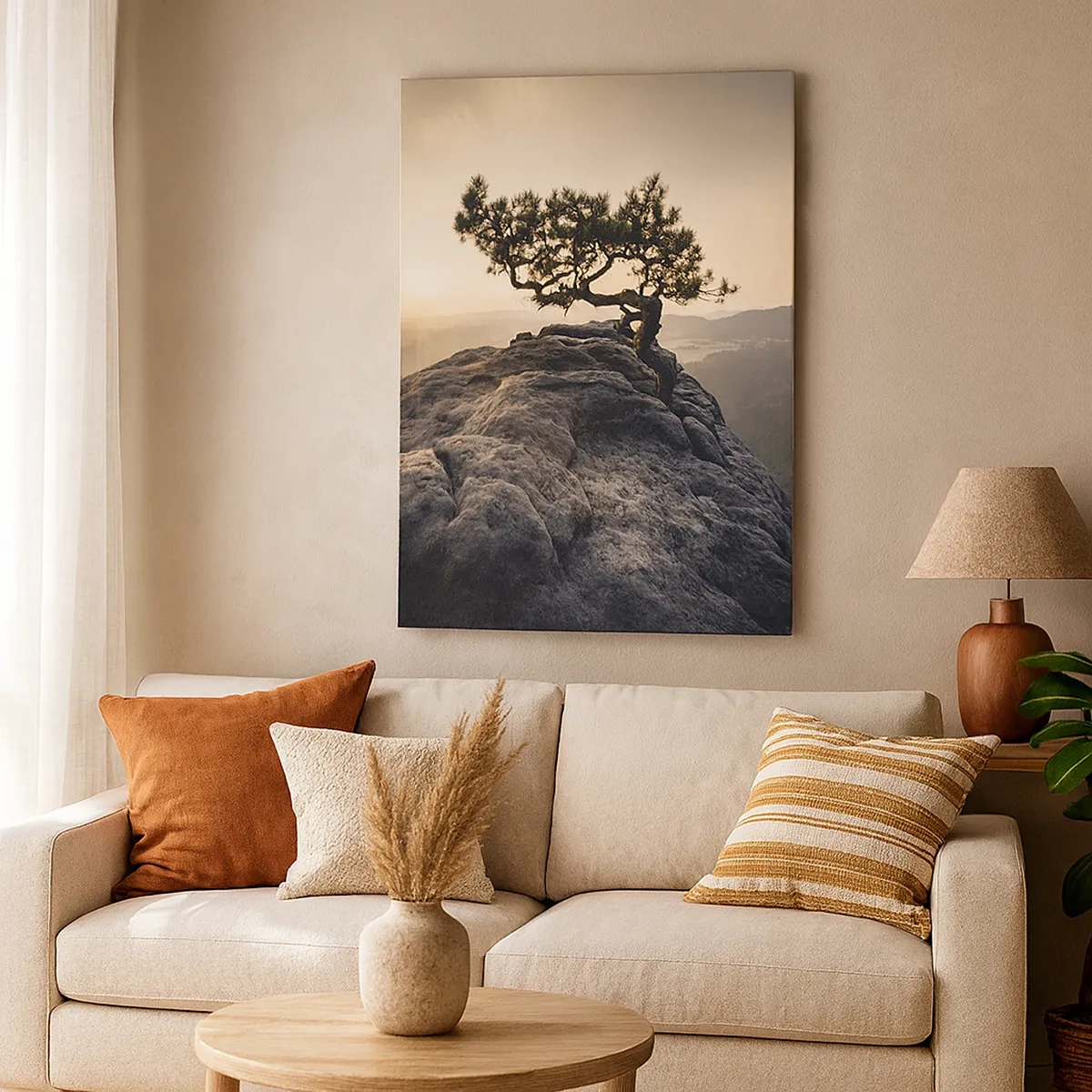 Impression sur toile - Image sur toile - Un arbre solitaire sur un pic rocheux au soleil - 50x70cm - La vie gagne toujours - Décoration murale moderne pour le salon et la chambre ARTTOR