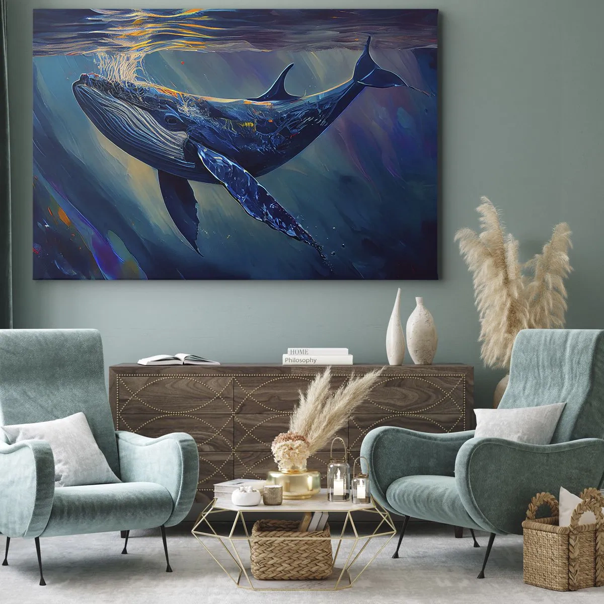 Impression sur toile - Image sur toile - Une baleine dans les profondeurs de l'océan aux couleurs lumineuses - 120x80cm - Bienvenue dans mon monde - Décoration murale moderne pour le salon et la chambre ARTTOR