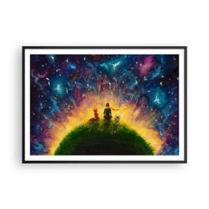 Affiche dans un cadre noir - Poster - Personnages sur une colline verdoyante entourée d'un ciel étoilé - 100x70cm - Amour et amitié - le monde entier - Décoration murale moderne pour le salon et la chambre ARTTOR