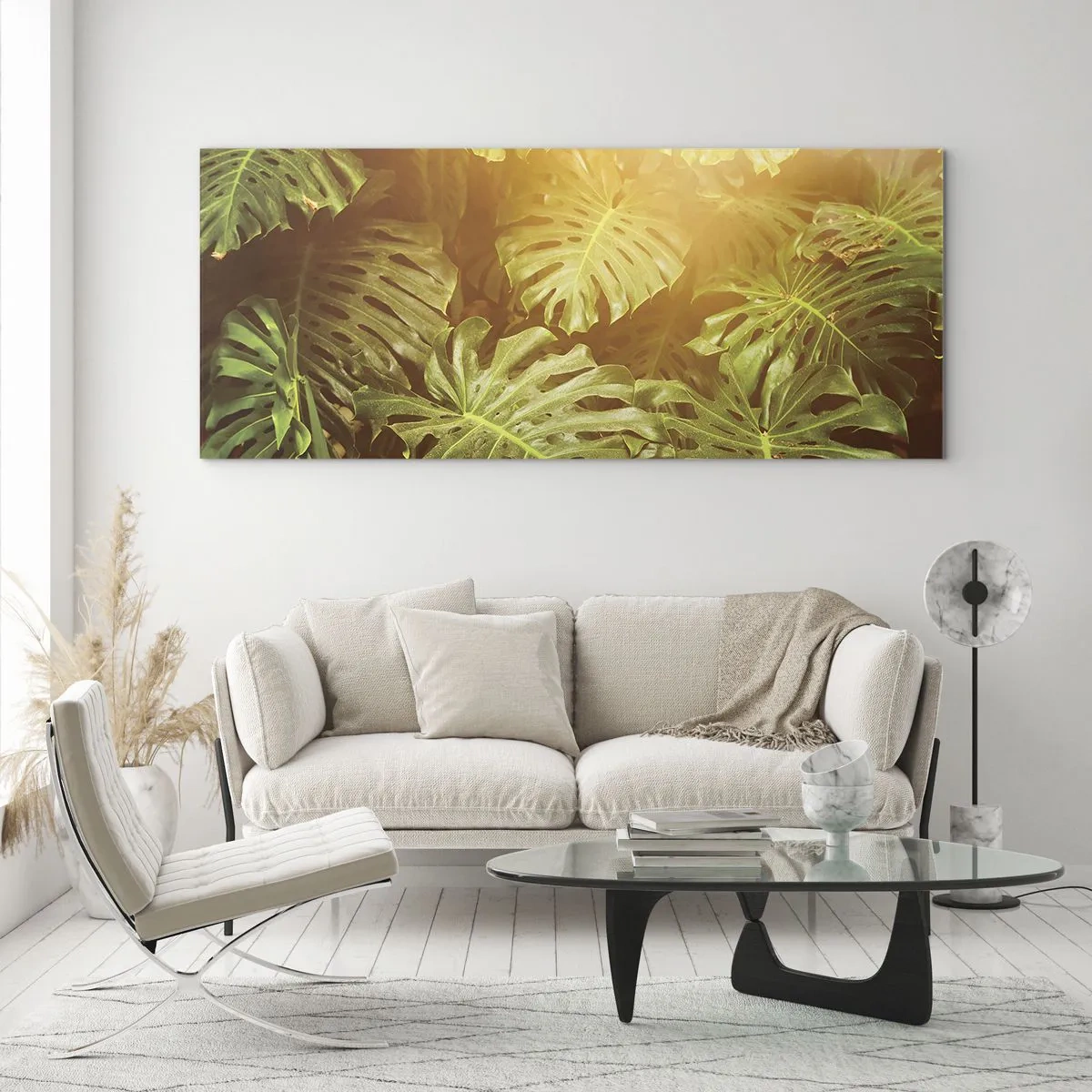 Impression sur verre - Image sur verre - Feuilles de Monstera au soleil sur fond naturel - 140x50cm - Se fondre dans la verdure - Décoration murale moderne pour le salon et la chambre ARTTOR