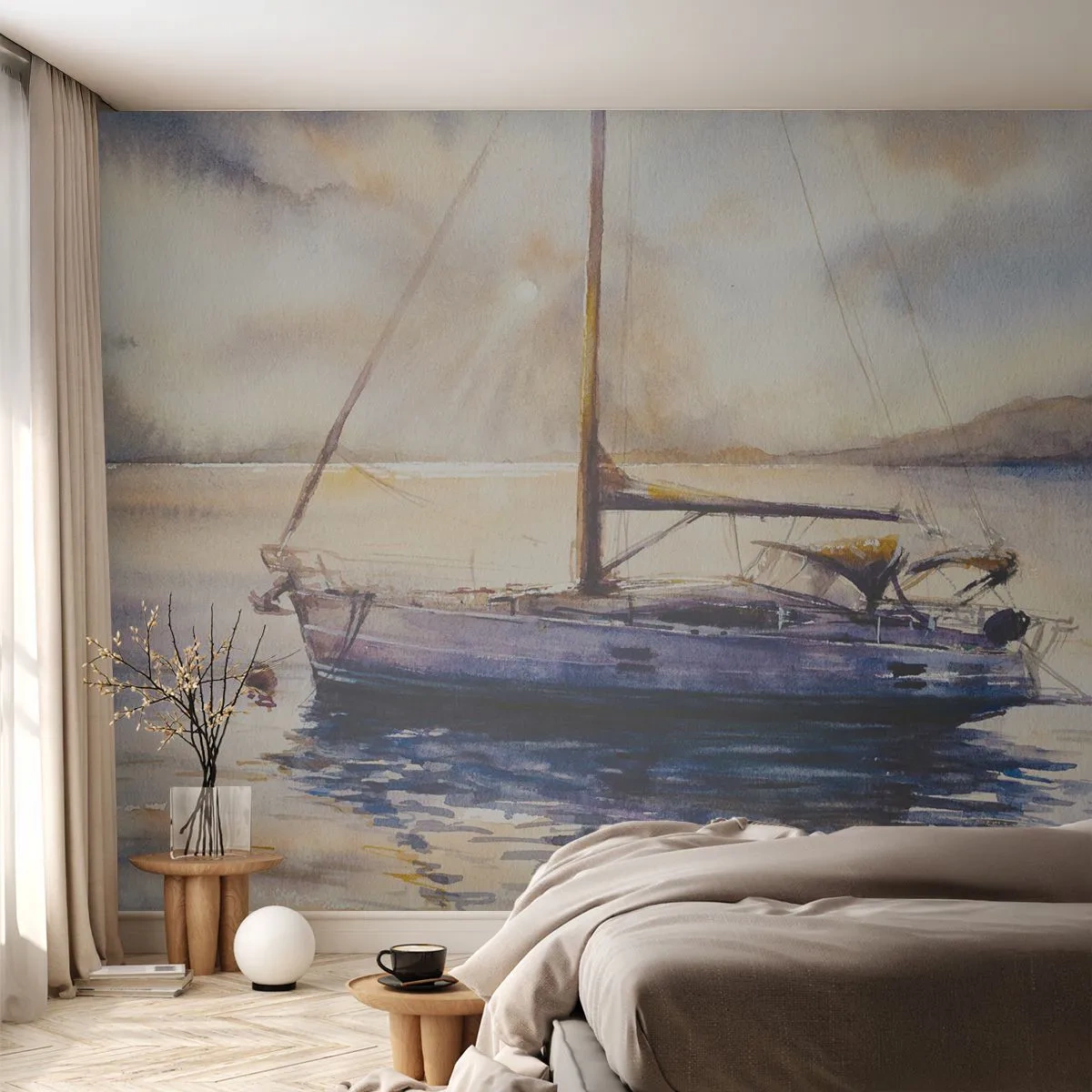 Papier Peint Photo Premium Sand - Voilier à l'aquarelle sur une mer calme au crépuscule - 100x70cm - Soirée sur la baie - Décoration murale moderne pour le salon et la chambre ARTTOR