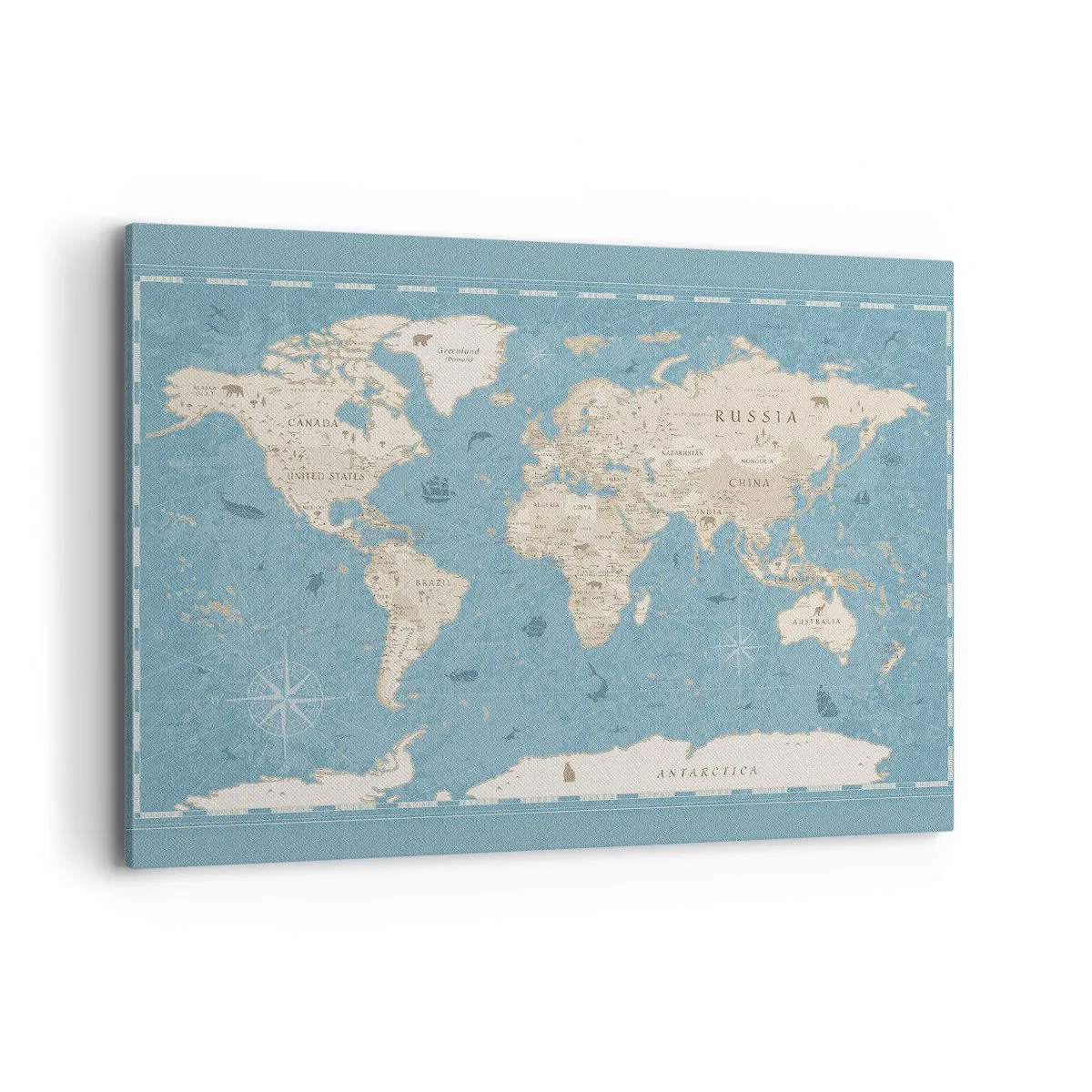 Impression sur toile - Image sur toile - Carte du monde décorative dans les tons bleu et beige - 100x70cm - Le monde à porter de main - Décoration murale moderne pour le salon et la chambre ARTTOR