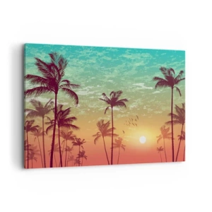 Impression sur toile - Image sur toile - Coucher de soleil avec des palmiers sur un ciel coloré - 120x80cm - Ambiance tropicale - Décoration murale moderne pour le salon et la chambre ARTTOR