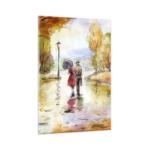Impression sur verre - Image sur verre - Une promenade dans le parc d'automne avec un parapluie - 80x120cm - Automne romantique dans le parc - Décoration murale moderne pour le salon et la chambre ARTTOR