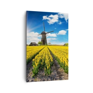 Impression sur toile - Image sur toile - Un champ de tulipes jaunes avec des moulins à vent à l'horizon - 80x120cm - Ça ne pourrait pas être plus hollandais - Décoration murale moderne pour le salon et la chambre ARTTOR