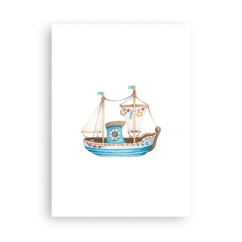 Affiche - Poster - Aquarelle de bateau dans des tons pastel de bleu et de beige - 50x70cm - Ohé, l'aventure ! - Décoration murale moderne pour le salon et la chambre ARTTOR