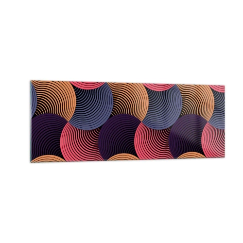 Impression sur verre - Image sur verre - Cercles géométriques dans des tons de rose, violet et or - 140x50cm - Dans un rythme circulaire - Décoration murale moderne pour le salon et la chambre ARTTOR