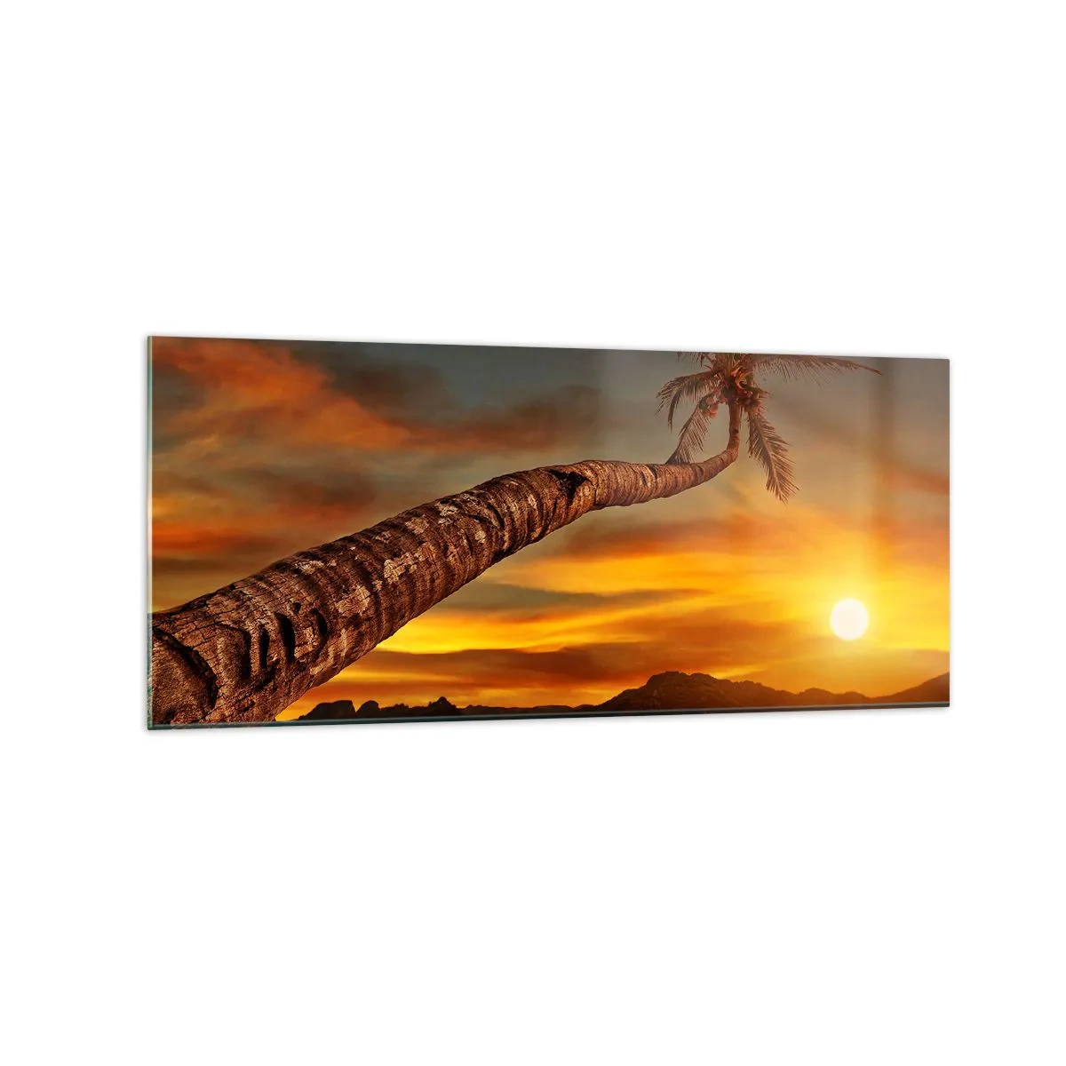 Impression sur verre - Image sur verre - Palmier sur la plage au coucher du soleil avec vue sur la mer - 120x50cm - Vacances exotiques, aventure caribéenne - Décoration murale moderne pour le salon et la chambre ARTTOR