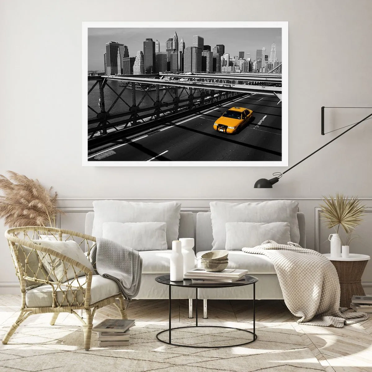 Affiche - Poster - Taxi jaune sur un pont avec vue sur les toits de New York - 100x70cm - Couleur de la grande ville - Décoration murale moderne pour le salon et la chambre ARTTOR