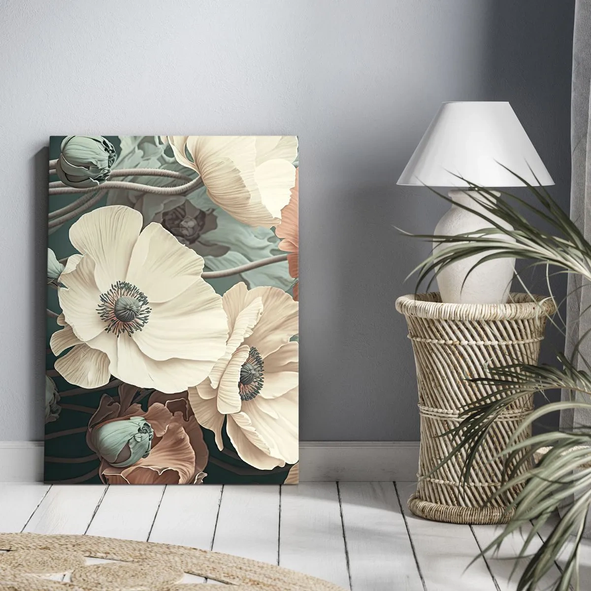 Impression sur toile - Image sur toile - Fleurs élégantes aux tons pastel sur fond vert - 80x120cm - Le murmure des coquelicots - Décoration murale moderne pour le salon et la chambre ARTTOR