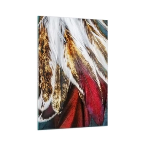 Impression sur verre - Image sur verre - Gros plan de plumes multicolores aux couleurs vives et intenses - 70x100cm - Secrets de vol - Décoration murale moderne pour le salon et la chambre ARTTOR