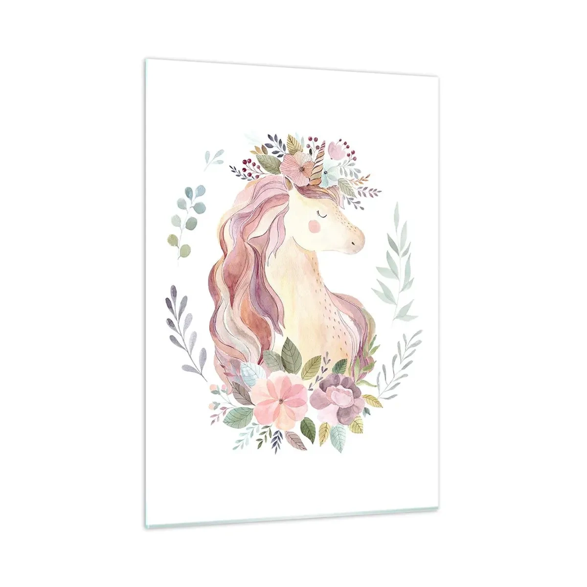Impression sur verre - Image sur verre - Une licorne de dessin animé avec une crinière de fleurs pastel - 50x70cm - Invitation au monde des contes de fées - Décoration murale moderne pour le salon et la chambre ARTTOR