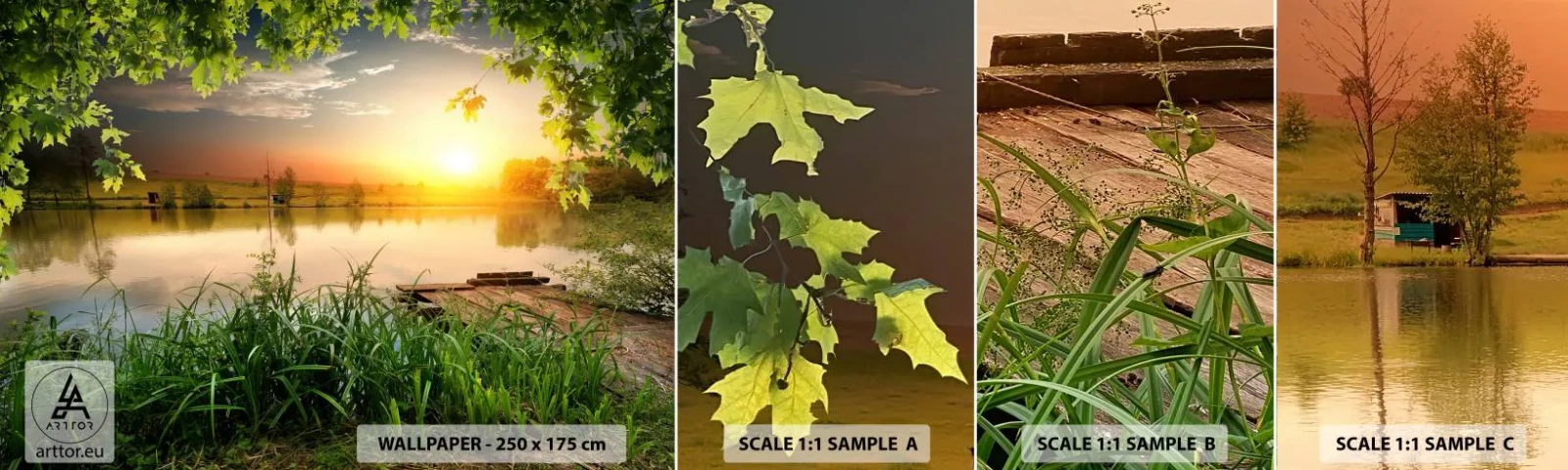 Échantillon de Papier Peint Autocollant Deluxe Sticker - Paysage dans un cadre verdoyant - Paysage, Lac, Pont de bois - 100x30 cm