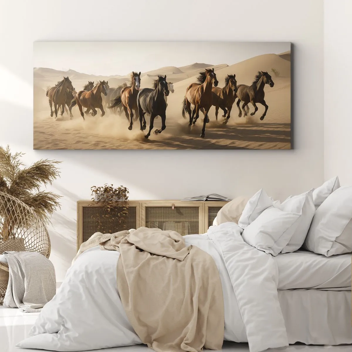 Impression sur toile - Image sur toile - Chevaux au galop sur fond de désert - 140x50cm - Libre comme le vent - Décoration murale moderne pour le salon et la chambre ARTTOR
