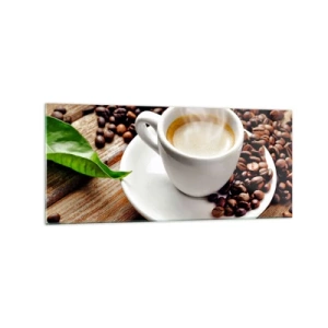 Impression sur verre - Image sur verre - Une tasse de café aromatique sur fond de grains et d'une feuille - 120x50cm - Café sur un banc - Décoration murale moderne pour le salon et la chambre ARTTOR