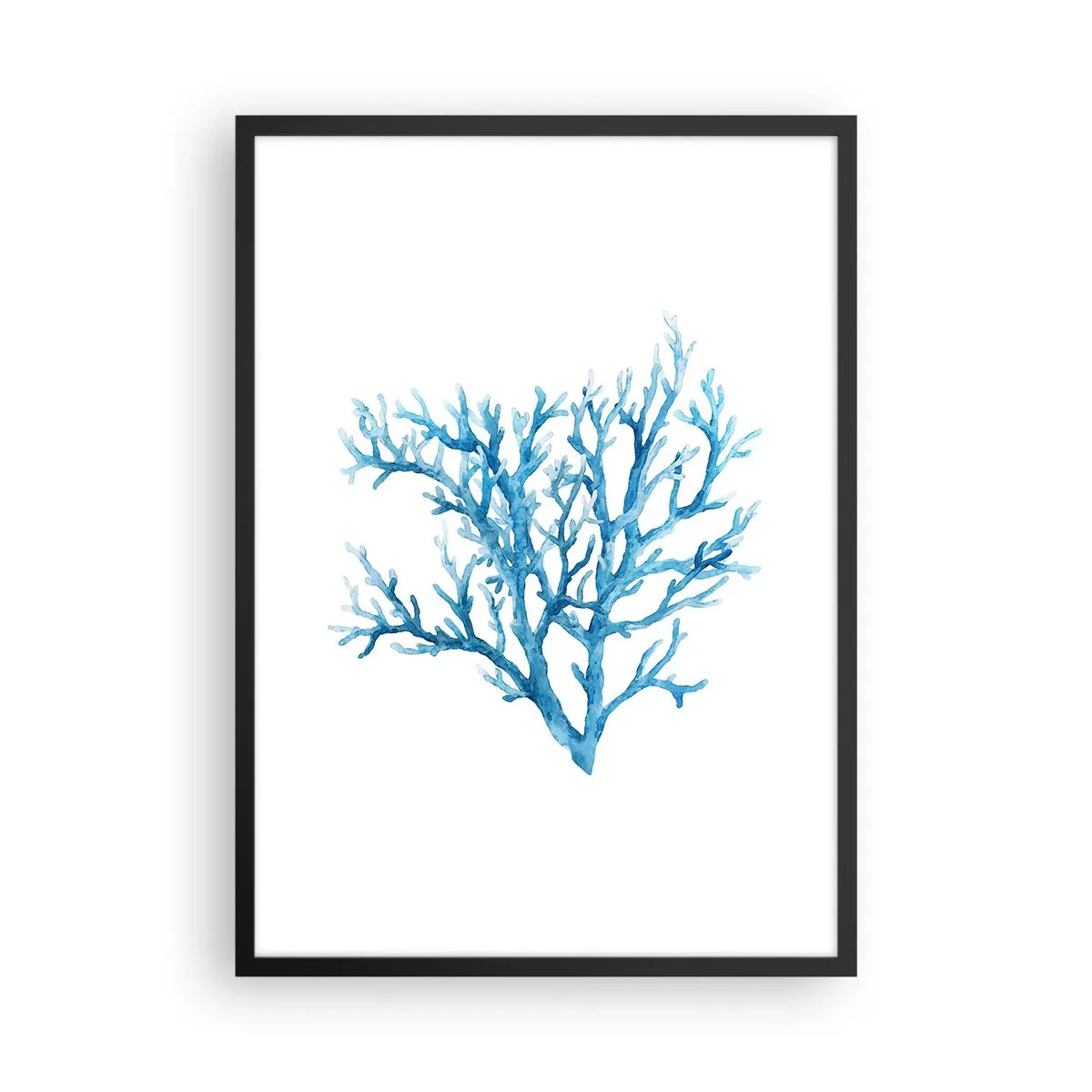 Affiche dans un cadre noir - Poster - Corail bleu en style aquarelle sur fond blanc - 50x70cm - Filigrane nautique - Décoration murale moderne pour le salon et la chambre ARTTOR