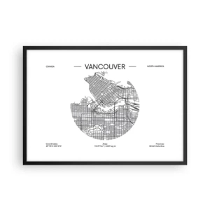 Affiche dans un cadre noir - Poster - Une carte de Vancouver dans un style minimaliste en noir et blanc - 70x50cm - Anatomie de Vancouver - Décoration murale moderne pour le salon et la chambre ARTTOR