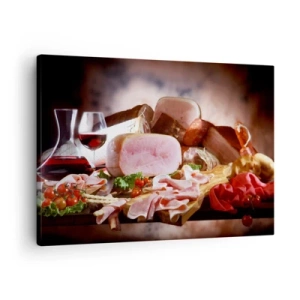 Impression sur toile - Image sur toile - Charcuterie au vin sur fond rustique - 70x50cm - Un rêve culinaire avec une carafe - Décoration murale moderne pour le salon et la chambre ARTTOR