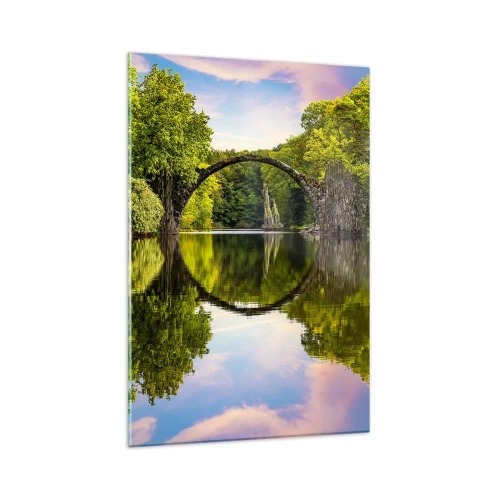 Impression sur verre - Image sur verre - Un pont de pierre sur une rivière avec un reflet parfait dans l'eau - 80x120cm - À la jonction de deux mondes - Décoration murale moderne pour le salon et la chambre ARTTOR