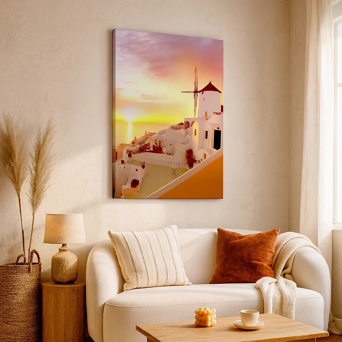 Impression sur toile - Image sur toile - Santorin au coucher du soleil avec un moulin à vent - 50x70cm - Fondre en blanc et or - Décoration murale moderne pour le salon et la chambre ARTTOR