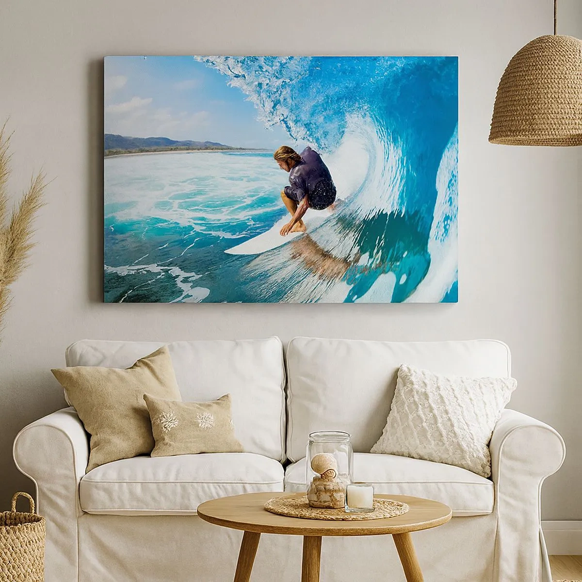 Impression sur toile - Image sur toile - Un surfeur dans une pose dynamique sur une vague dans une eau turquoise. - 70x50cm - Danse avec les vagues - Décoration murale moderne pour le salon et la chambre ARTTOR