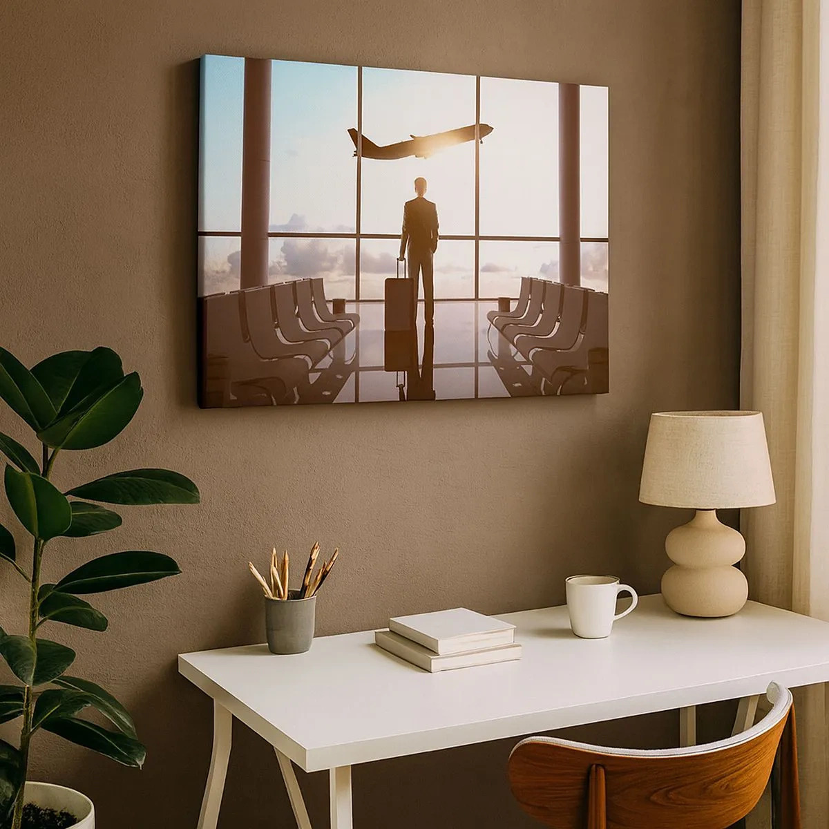 Impression sur toile - Image sur toile - Homme d'affaires à l'aéroport avec un avion en arrière-plan - 70x50cm - Vous avez le temps, ralentissez - Décoration murale moderne pour le salon et la chambre ARTTOR