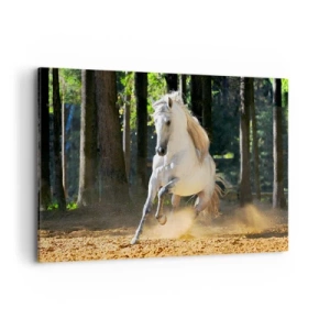 Impression sur toile - Image sur toile - Un cheval blanc galopant dans une clairière forestière - 120x80cm - Comme dans un roman fantastique - Décoration murale moderne pour le salon et la chambre ARTTOR