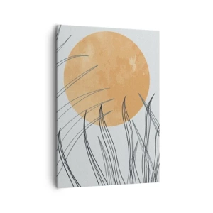 Impression sur toile - Image sur toile - Brins d'herbe abstraits sur fond de grand soleil orange - 50x70cm - Toujours vers le soleil - Décoration murale moderne pour le salon et la chambre ARTTOR