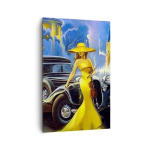 Impression sur toile - Image sur toile - Une femme en robe jaune avec un violon à côté d'une voiture rétro. - 80x120cm - Nocturne pour violon et amour - Décoration murale moderne pour le salon et la chambre ARTTOR