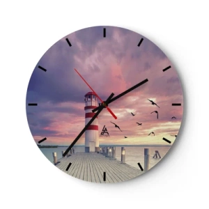 Horloge murale - Pendule murale - Phare au coucher du soleil sur l'eau - 30x30cm - C'est l'heure d'aller au port - Décoration murale moderne pour le salon, la cuisine et la chambre ARTTOR