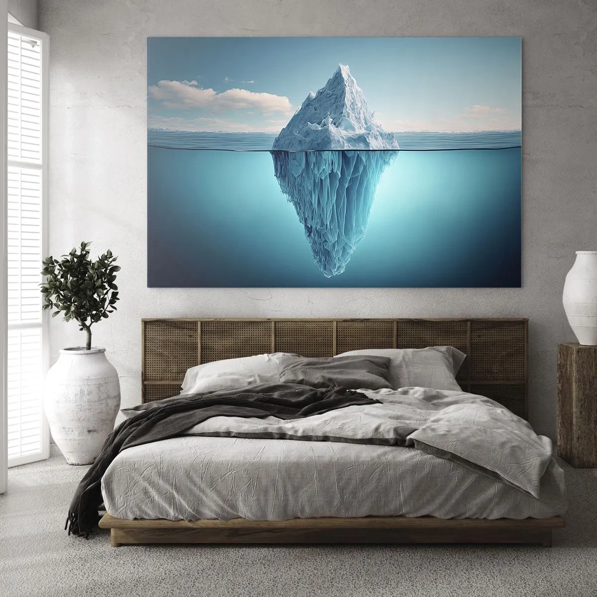 Impression sur verre - Image sur verre - Un iceberg flottant dans l'océan dont une partie est visible sous l'eau. - 120x80cm - Reine de Glace - Décoration murale moderne pour le salon et la chambre ARTTOR
