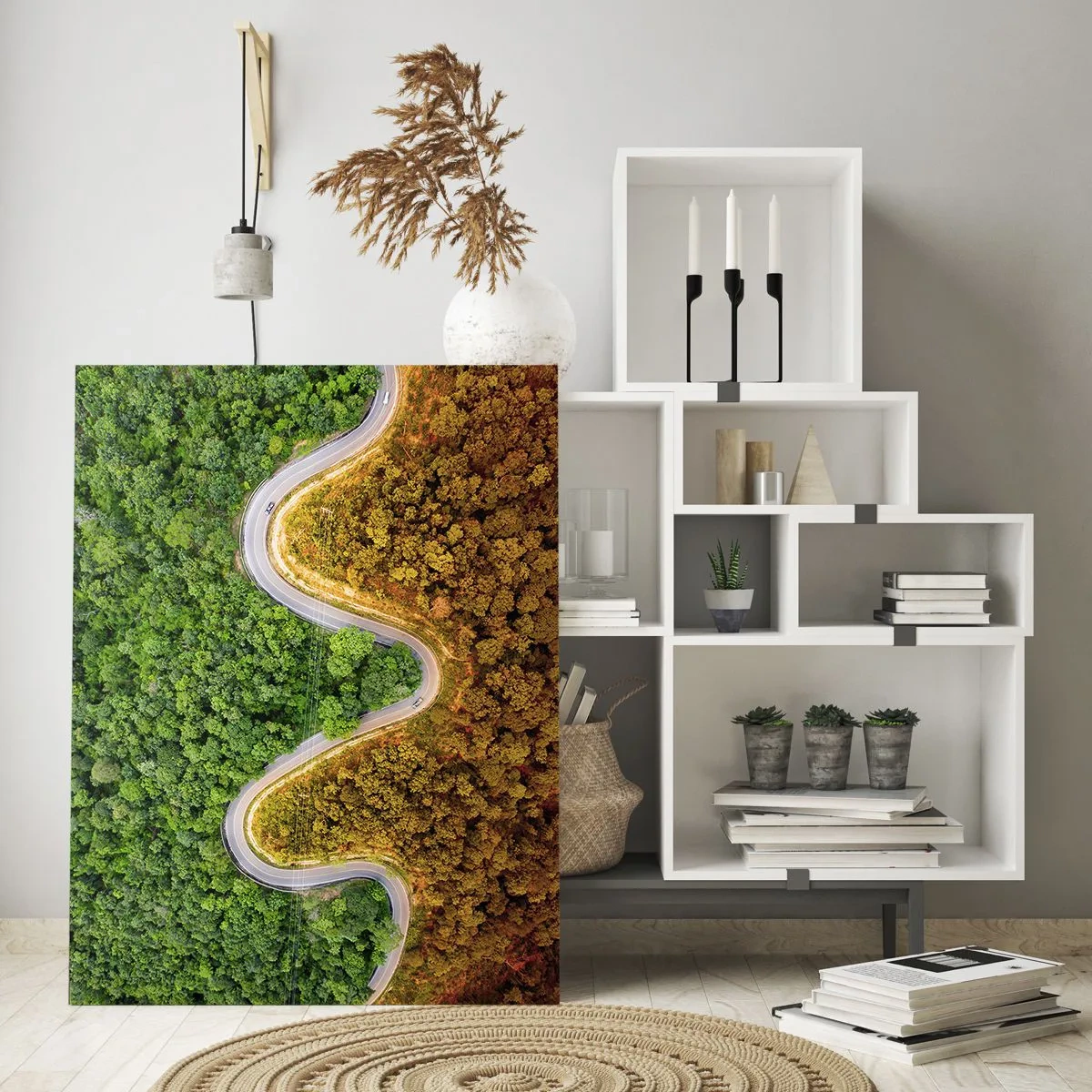 Impression sur verre - Image sur verre - Une route sinueuse à travers la forêt vue à vol d'oiseau - 70x100cm - Frontieres et differences - Décoration murale moderne pour le salon et la chambre ARTTOR