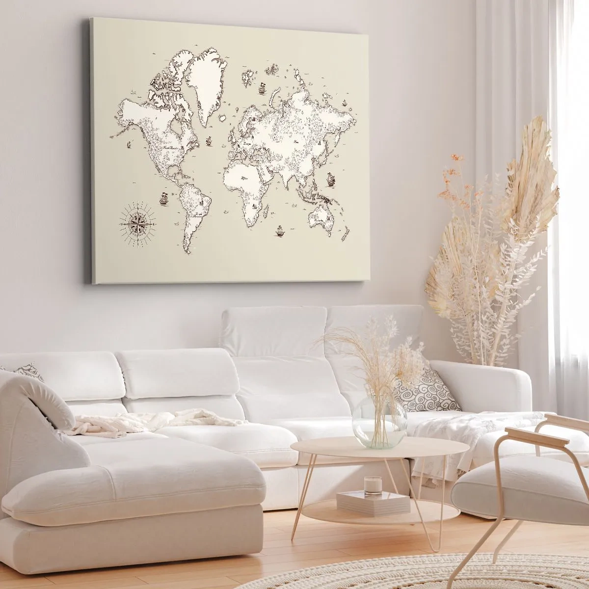Impression sur toile - Image sur toile - Une carte stylisée du monde dans des tons beige et marron. - 70x50cm - Voyage autour du monde - Décoration murale moderne pour le salon et la chambre ARTTOR