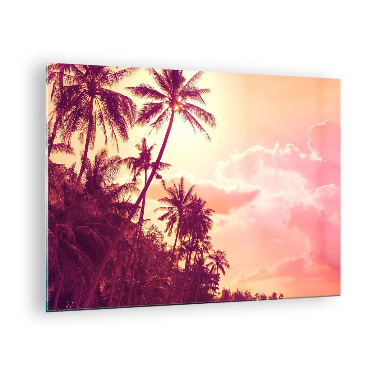 Impression sur verre - Image sur verre - Palmiers tropicaux à la lumière du soleil couchant sur un ciel rose - 70x50cm - Tu dois choisir - Décoration murale moderne pour le salon et la chambre ARTTOR