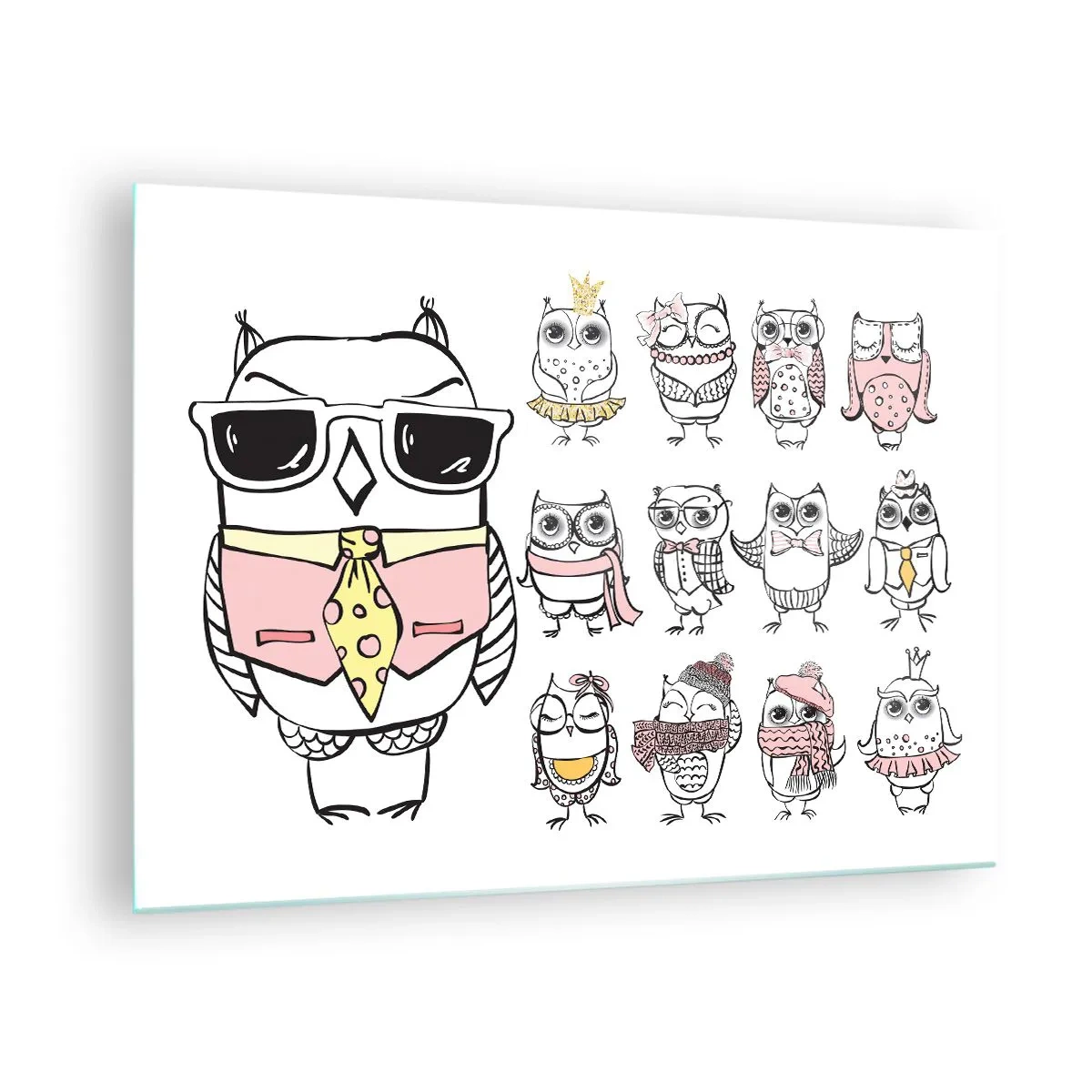 Impression sur verre - Image sur verre - Dessins amusants de hiboux dans différents styles - 70x50cm - Tant de rôles à jouer - Décoration murale moderne pour le salon et la chambre ARTTOR