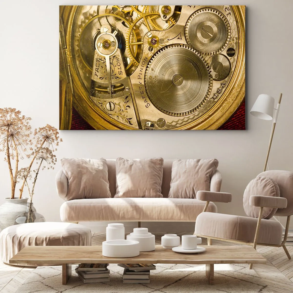 Impression sur toile - Image sur toile - Mécanisme de montre avec engrenages et détails visibles - 120x80cm - Marcher avec son temps - Décoration murale moderne pour le salon et la chambre ARTTOR