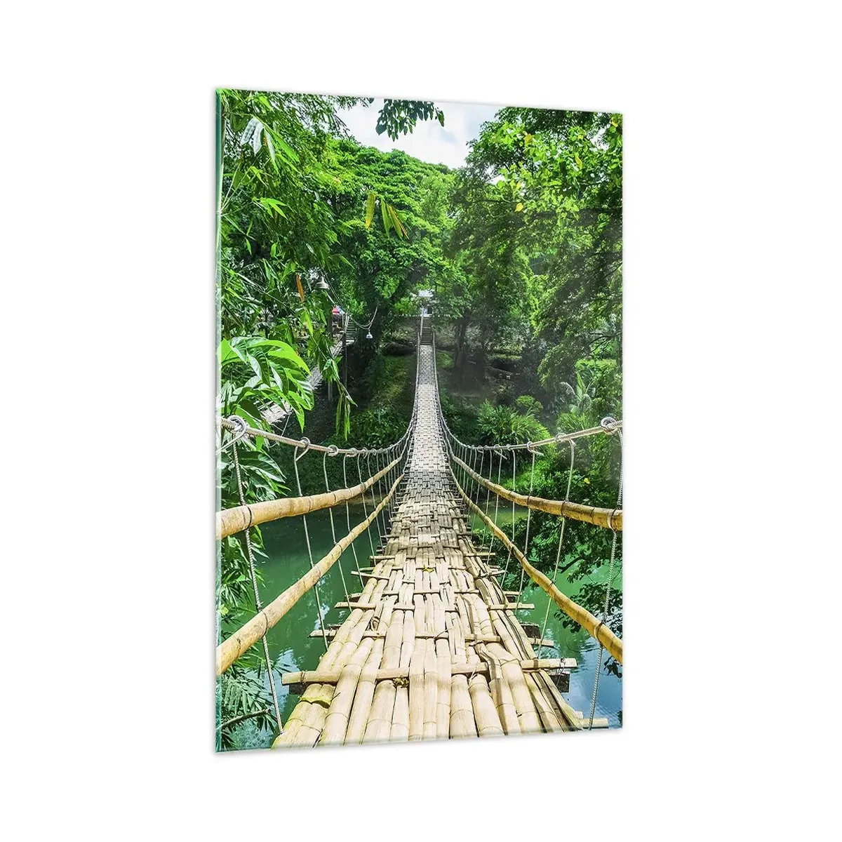 Impression sur verre - Image sur verre - Un pont suspendu en bambou entouré de verdure - 80x120cm - Pont de singe en pleine nature - Décoration murale moderne pour le salon et la chambre ARTTOR