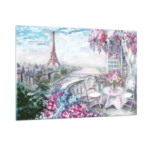 Impression sur verre - Image sur verre - Illustration d'une vue de la Tour Eiffel avec un balcon rempli de fleurs - 120x80cm - C'est le plus beau ici en mai - Décoration murale moderne pour le salon et la chambre ARTTOR